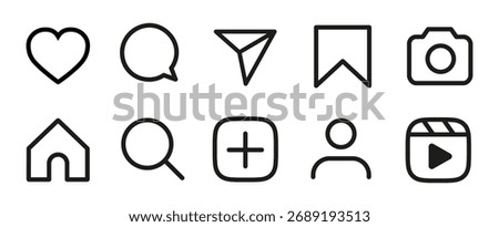 Instagram icon set in outline style: like, comment, share, home, search, add, follower, photo grid, camera, save icons. Social media instagram notification icons