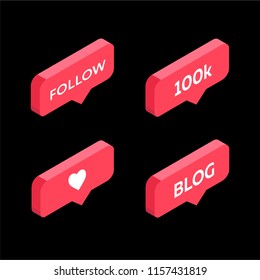 instagram like isometric icon 100k follow blog pink 3d design illustration of the notification on the social media smart phone concept set smm manager stories target bloggers vector EPS10