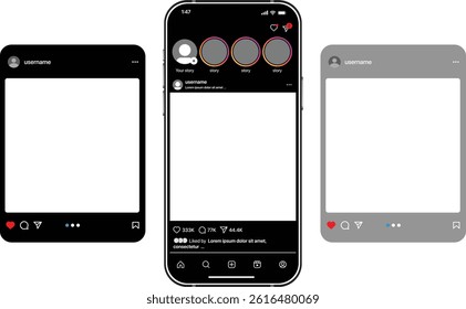 instagram new grid size template update 2025, Instagram social network app UI interface mockup design. Modern social media platform profile story layout template. Vector illustration	