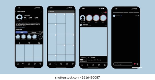 instagram new grid size template update 2025, Instagram social network app UI interface mockup design. Modern social media platform profile story layout template. Vector illustration	