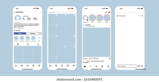 instagram new grid size template update 2025, Instagram social network app UI interface mockup design. Modern social media platform profile story layout template. Vector illustration	