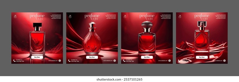 instagram perfume bottles shop store poster template social media banner red concept sales promotion dark black vector logo background color slider carousel minimal design square size post templates