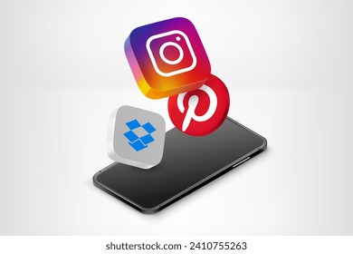 Instagram, Pinterest, Dropbox mobile application buttons with smartphone. Vector editorial illustration with 3d icons. TURKEY, FETHIYE, January 9, 2024 