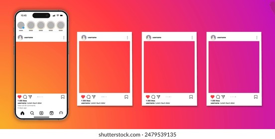 Instagram post feed frame mockup with smartphone Iphone 15 pro max mock up template design, social media instagram carousel post template, instagram mobile app scroll frame pages