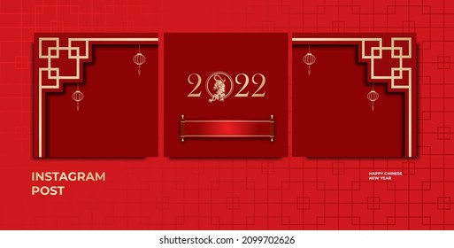 Instagram post vector design, 2022 chinese new year symbol with ornament frame. 