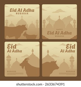 instagram posts collection for islamic eid al-adha celebration with illustration of goat and cow