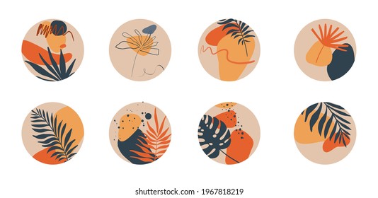 Instagram profile highlight icon set. Floral icons. Hand drawn vector Illustration. Various shapes, tropical leaves, lines, doodle objects.
