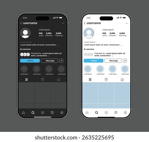 Modelo de modelo de perfil do Instagram. Perfil de Instagram UI Frame. Mockup de interface de interface do aplicativo de rede social do Instagram. Modelo de mídia social de maquete do Instagram.