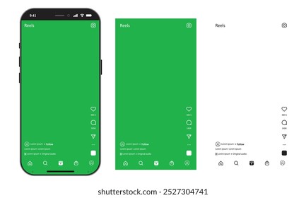 Instagram bobinas tela vazia ui modelo em branco mockup. Instagram carretel i telefone Tela verde com como, comentário, compartilhar, ícone da loja