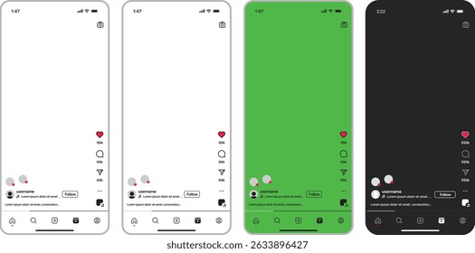 
Instagram Reels social network app interface mockup. Instagram Reels carrossel postar moldura de fotos modelo, Instagram Reels feed web post maquete. Modelo de interface de aplicativo móvel na rede social com