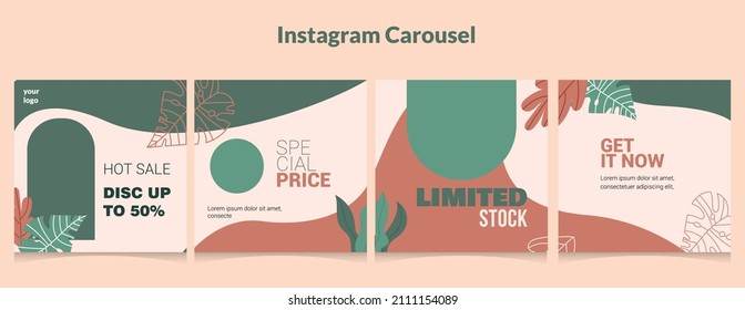 Instagram Rolls Template. Social Media Story Post Feed Mockup In Cream Colors And Green. Minimal Abstract Background Layout For Beauty, Cosmetic, Fashion, Make Up, Salon. Trendy Feed Instagram. Pastel