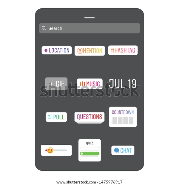 Instagramのソーシャルメディアボタンは ステッカー アイコン フレーム ボタンのストーリー を掲載しています 場所 メンション ハッシュタグ Gif 音楽 日付 チャット 質問 カウントダウン 絵文字スライダ クイズ 投票のステッカー ボタン のベクター