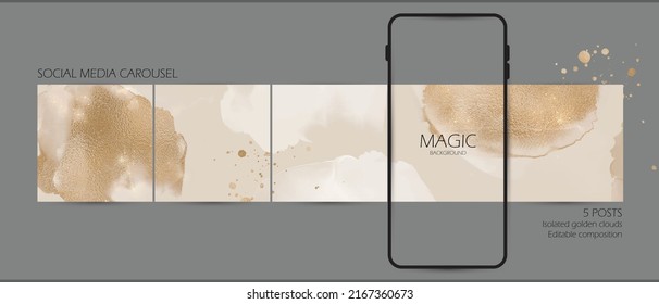 Instagram social media carousel post template. aesthetic luxury watercolor gold glitter background for graduation, wedding, beauty content