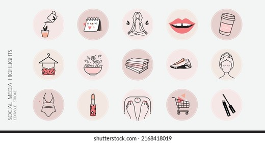 medios sociales resaltan íconos de calas o stickers para belleza, maquillaje, marca de estilo de vida de moda