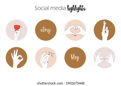 Medios sociales destacados, resaltar portada, historia, post, iconos de blogs. Logotipos para mujeres, mujeres, belleza, salón, moda, manicura, estilo de vida positivo.