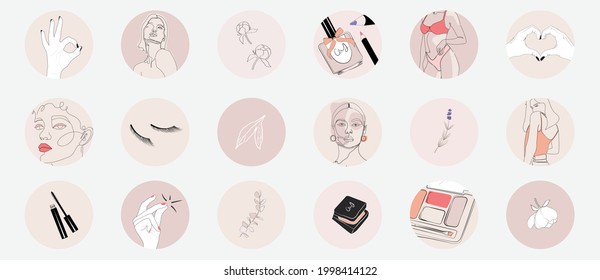 Instagram social media highlight cover icons, web button. minimal simple hand drawn outline feminine infographic for fashion, spa, beauty, make up bloggers. set of symbol, emblem for body skin care