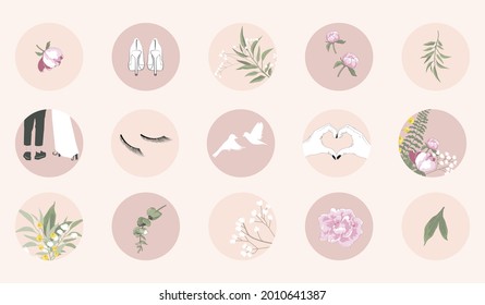 Instagram Social Media Highlight Cover Icon Or Web Button For Beauty, Wedding, Summer. Floral Green Leave And Pink Pastel Peony Flower Design Elements In Circle Round Shapes. Set Of Romantic Stickers