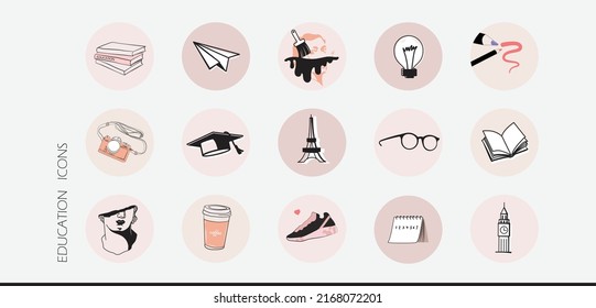 Instagram Social Media Highlight Cover Icons. Hand Drawn Vector Illustration Symbols For Student Education, Learning, Course, Knowledge Of Art And Culture In Europe, Creative Thinking Innovation