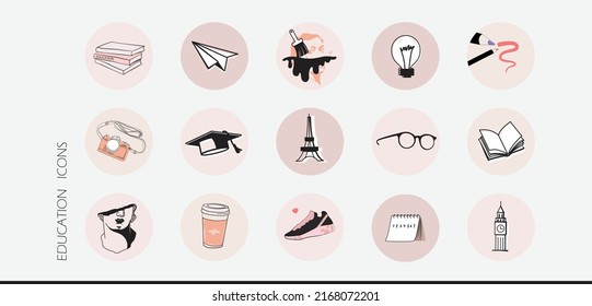 Instagram social media highlight cover icons. hand drawn vector illustration symbols for student education, learning, course, knowledge of art and culture in Europe, creative thinking innovation