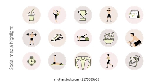 Instagram social media highlight icon for sport fitness  coach, healthy lifestyle, weight loss and self care. vector simple line symbol, logo, infographic