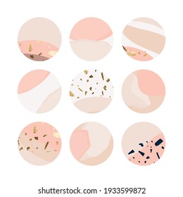 Instagram Social Media Highlight Icons. Circle Round Shapes In Marble Terrazzo Pattern In Pastel Nude Rose Feminine Colors. For Interior, Architecture, Beauty, Cosmetics, Fashion Content.