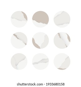 Instagram Social Media Highlight Icons. Nude Color Minimal Vector Circle Round Shapes In Ripped Paper And Marble Pattern Texture. For Beauty, Cosmetics, Cosmetology, Spa