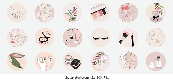 Instagram Social Media Highlight Icons, Web Button. Minimal Hand Drawn Line Feminine Infographic For Fashion, Spa, Beauty, Make Up Bloggers. Set Of Vector Logo Stickers