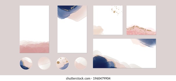 Instagram Social Media Highlights, Story Post Feed Background Template. Vector Watercolor Navy Pink Gold Layouts With Copy Space For Text For Banner. Abstract, Luxury Texture For Beauty, Fashion