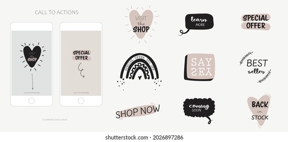 Instagram social media infographic icons. fun hand drawn stickers for e commerce with text shop now, learn more, special offer. advertising symbol, call to action button for story post feed