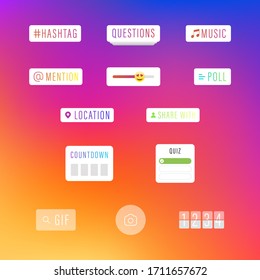 Instagram Social Media Interface Stickers, Stories Social Media Icons. Templates Stories, Hashtag, Polls, Emoji Slider, Countdown. Vector illustration. Instagram Gradient Background