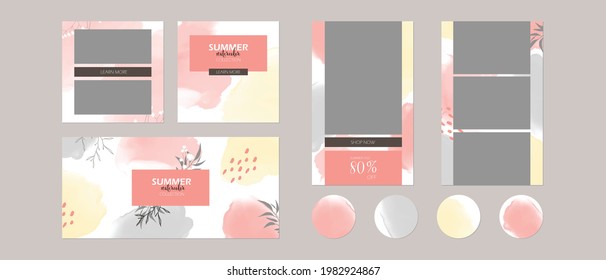 Instagram Social Media Layout Template. Abstract Social Media Post Background. Watercolor Floral Spring Summer Story Feed Mock Up. Banner For Beauty, Food, Wedding, Make Up, Skin Care, Sale, Fashion