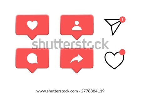 Instagram social media like, comment, follower request, and share notification pop-up icon set. Vector illustration
