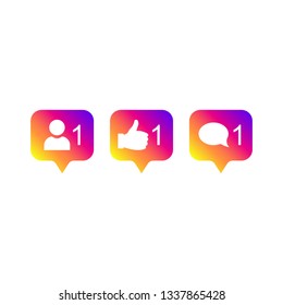 Instagram social media modern sign: like 1, follower 1, comment 1, gradient color. Like, follower, comment button, instagram icon, symbol, ui, app, web, insta. Vector illustration. EPS 10.