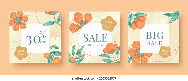 Instagram Social Media Post Or Feed Background Templates. Boho Watercolor Design With Floral Pattern Layout. Suitable For Autumn Sale, Fashion And Cosmetics Promo