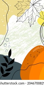 Instagram social media post template. Autumn background layout with maple leaf, pumpkin, plant, dots, lines, colored spots. Collage with place for text, your content