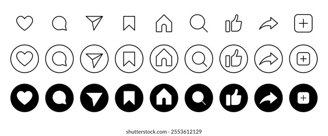 Instagram Social Media Reels Flat Line Round Style Icon Collection. Modern Internet Network UI Buttons Set Vector Illustration