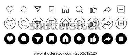 Instagram Social Media Reels Flat Line Round Style Icon Collection. Modern Internet Network UI Buttons Set Vector Illustration