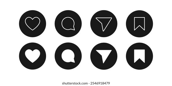 Instagram social media round button like comment share save icon collection. Set of social network user interface icons vector illustration