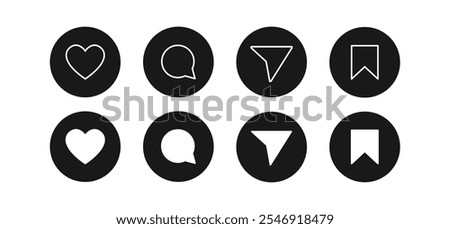 Instagram social media round button like comment share save icon collection. Set of social network user interface icons vector illustration
