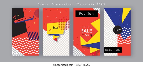 Instagram social media stories & post template set. Modern story insta icon, stories ui, label circle interface page, fashion stories layout memphis frame insta Sale contemporary design banner vector 