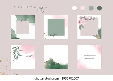 Instagram social media stories, posts feed layouts, abstract backgrounds. pink green watercolor vector texture frame mockup. for beauty, jewelry, fashion, cosmetics, wedding, summer