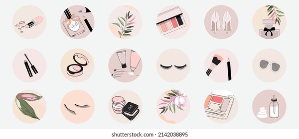 Instagram Social Media Story Highlight Icons And Stickers For Beauty, Make Up, Spa Salon Content. Minimal Simple Feminine Logo, Design Element Template In Pink Pastel Colors. Vector Illustration