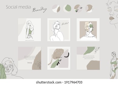 Instagram Social Media Story Post Feed Templates With Woman Line Art And Abstract Shapes. Mockup In Neutral Earthy Colors. For Spa, Beauty Salon, Cosmetics, Cosmetology, Waxing. Vector Illustration