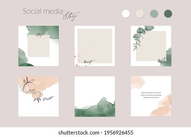 Instagram social media story post feed background layout, web banner template. abstract pink nude green watercolor vector texture frame mockup. for beauty, jewelry, fashion, cosmetics, wedding, summer