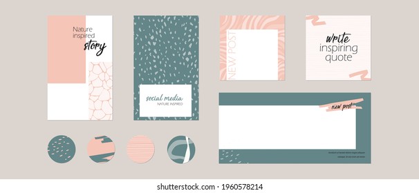 Instagram Social Media Story Post Feed, Highlight Template With Space For Text. Minimal Hand Drawn Abstract Shape Background Layout Mockup In Pastel Pink Green Color. For Beauty, Spa, Fashion, Food