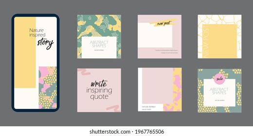 Instagram Social Media Story Post Template. Vivid Background Layout Mockup In Pastel Pink Yellow Color With Abstract Natural Shapes. For Beauty, Cosmetics, Fashion, Spa, Food. Spring Summer Vector