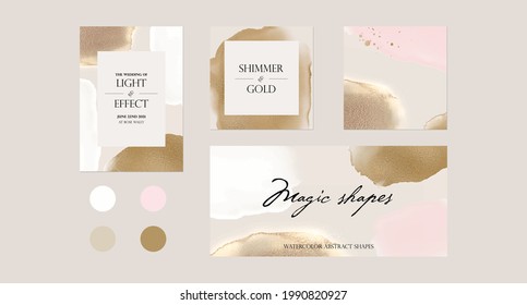 Instagram Social Media Story Post Background Or Web Banner Template. Minimalist Shiny Pink Nude Gold Watercolor Abstract Shape Vector Mockup Layout. For Beauty, Jewelry, Cosmetics, Wedding, Make Up