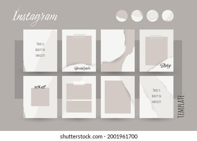 Instagram Social Media Story Post Background. Ripped Torn Tearing Paper Texture Template Mockup In Nude Nude Color. Abstract Simple Vertical Layout For Card, Brochure, Flyer. For Beauty, Make Up, Care