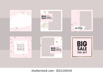 Instagram Social Media Story Post Reel Layout Template. Square Frame App Background In Pink And Gold Glitter. Banner For Black Friday Sale, Special Price, Limited Promotion For Beauty, Makeup, Jewelry