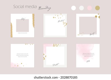 Instagram Social Media Story Post Feed Template In Pink Pastel And Gold Colors. Background Mockup For Beauty Salon, Cosmetics, Fashion, Jewelry, Make Up, Skin Care